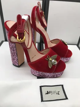 

Womens Peep Toe Velvet Genuine Leather Sequins Block High Heel Pumps Bling Slingbacks Sandals Platform Shoes 6Colors Gold Sliver
