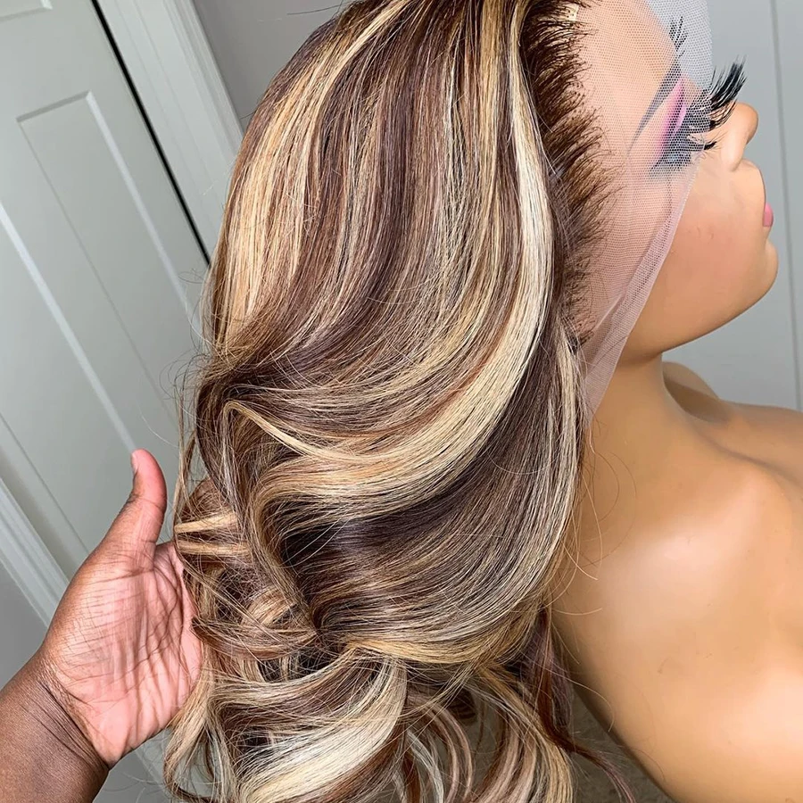 Onda do Corpo Frente do Laço Peruca de Cabelo Arrancado para as Mulheres Peruca de Fechamento de Linha Destaques Loira Laço Frontal Peruca 13x4 Humano Pré Natural Fina 4 Apliques com cabelo humano