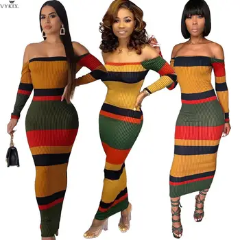 

Sexy Dresses Colorful Stripes Off Shoulder Knit Bodycon Dress Women Midi Maxi Dress Streetwear Long Sleeve Long Dress Vestido