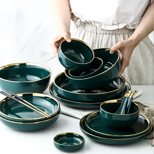 Dark Green Set of Dishes Gold Inlay Ceramic Steak Food Dishes Dinner Plates  Bowl Household Tableware