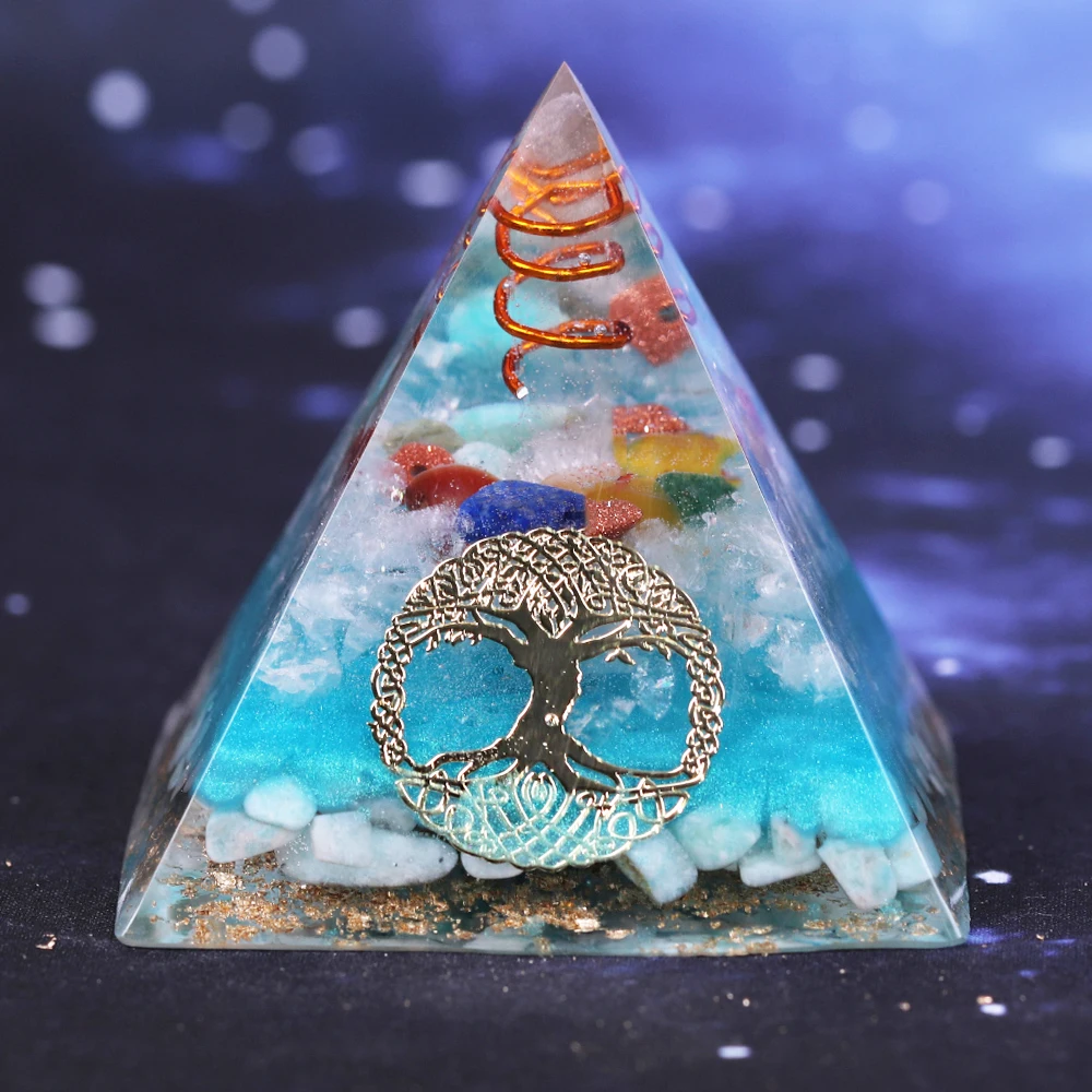 

7 Chakra Crystal Orgone Pyramid Tree Of Life Amazonite Resin Jewelry Decoration Faith Creativity Pyramid Energy Generator