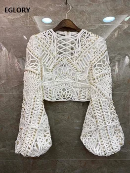 

Crop Tops 2020 Spring Summer Fashion Sexy Blouses Women Hand Made Beading Sexy Crochet Embroidery Long Sleeve White Blue Top