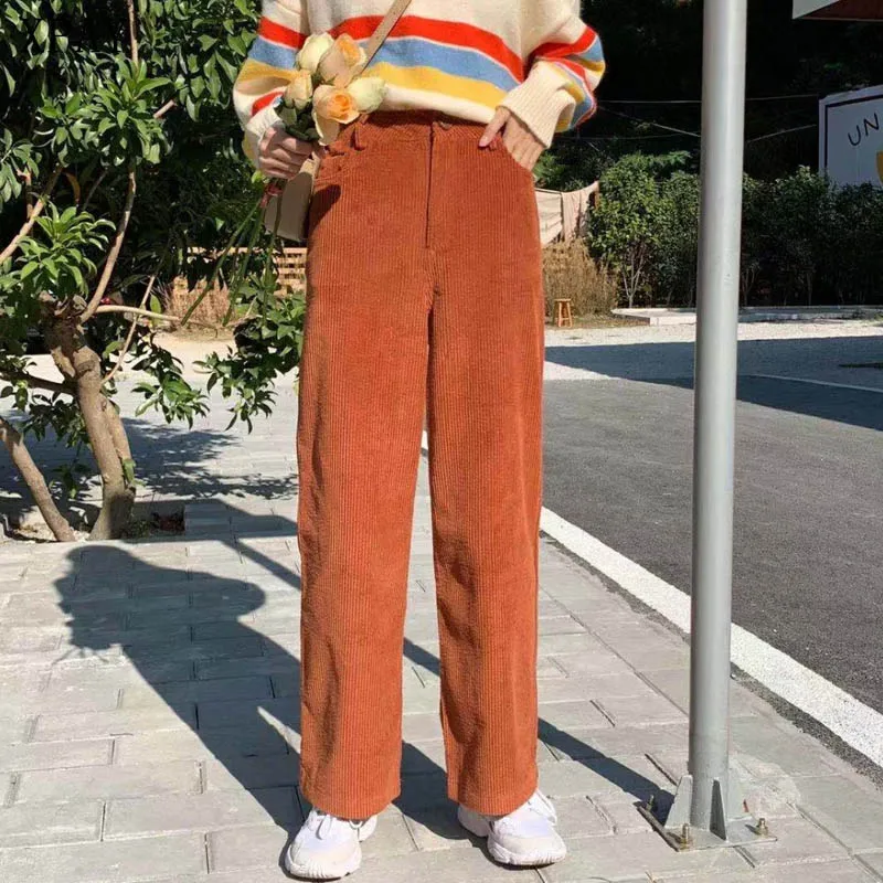 

2020 Spring Straight Solid Corduroy Leisure Office Lady Pants Plus Size Women Casual Loose Warm Chic Hot High Waist Trousers