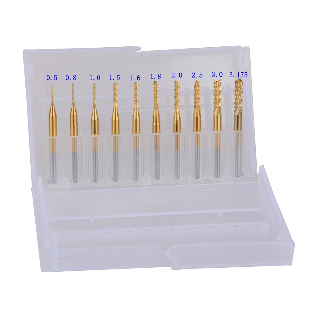 

10pcs Titanium Coat Carbide 0.5-3.175mm PCB Carbide Tools, Cutting Bits, Millinging Cutters Kit for Engraving Milling Machine