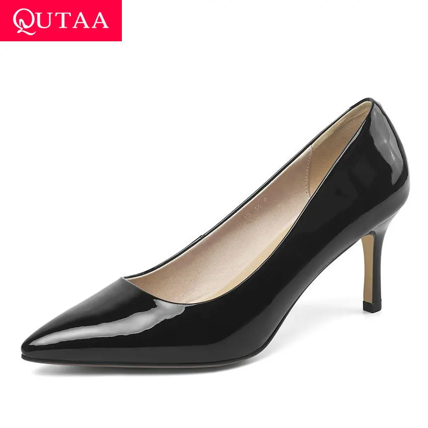 

QUTAA 2020 Office Ladies Pumps Cow Patent Leather Concise Stilettos Thin High Heel Pointed Toe Shallow Women Shoes Size 34-42