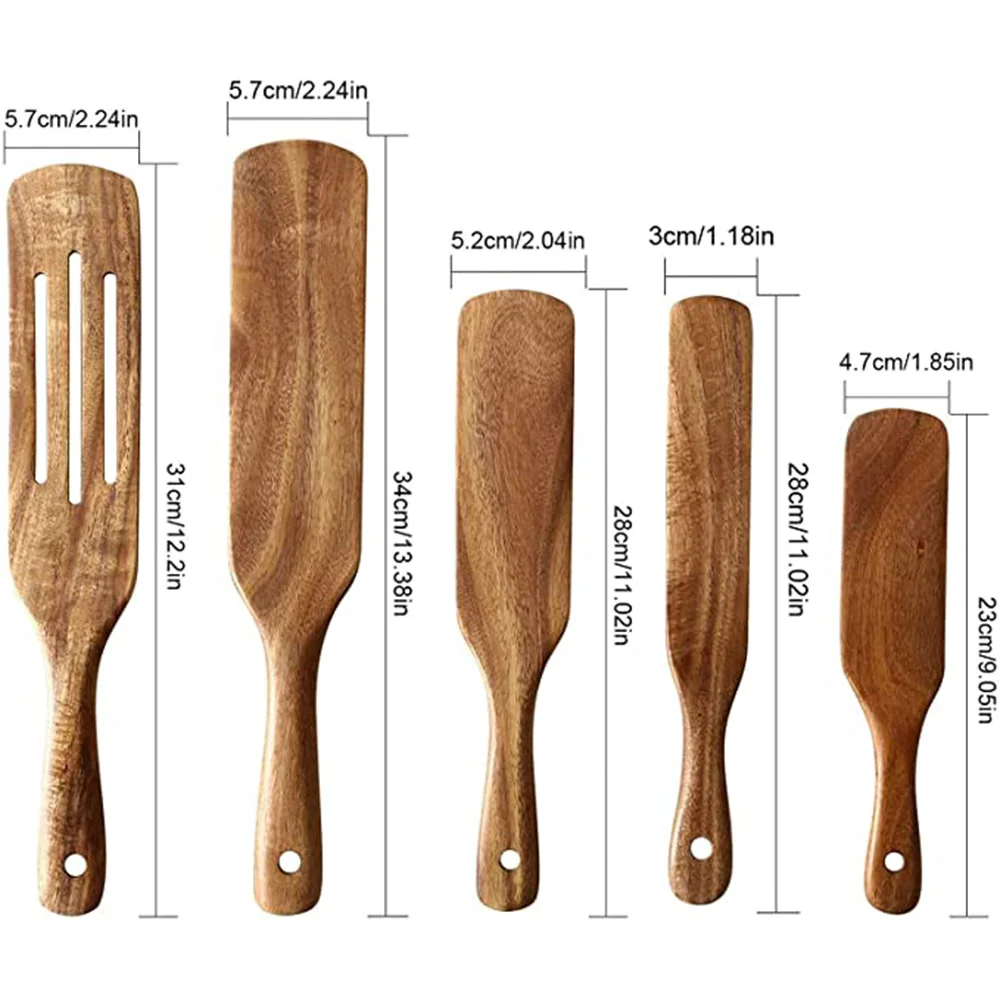 1-5pcs Slotted Spurtle Spatula Sets for Stirring Natural Teak Kitchen Utensil Set Heat Resistant Non Stick Wood Cookware