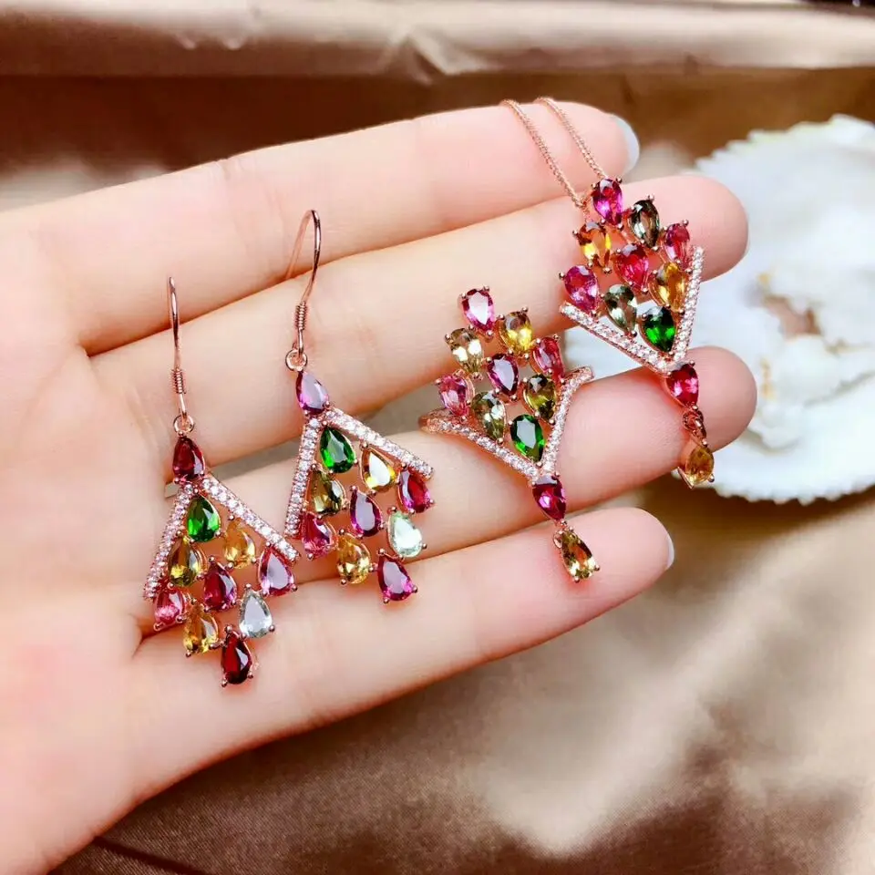 

[MeiBaPJ] 925 Sterling Silver Natural Colorful Tourmaline Gemstone Necklace Earrings Ring for Women Fine Wedding Jewelry Set