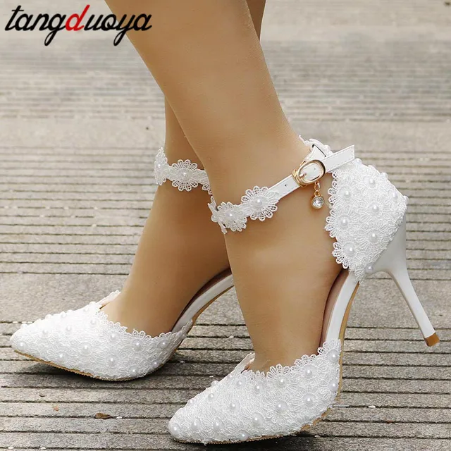 wedding shoes bride white wedding shoes female high heels ankle strap pumps women shoes rhinestone lace high heels party shoe#42 2