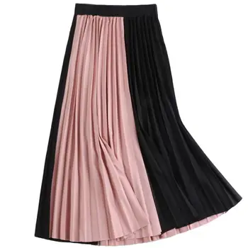 

2020 spring Autumn new fashion high waist stitching hit color pleated skirt women mid-length skirt