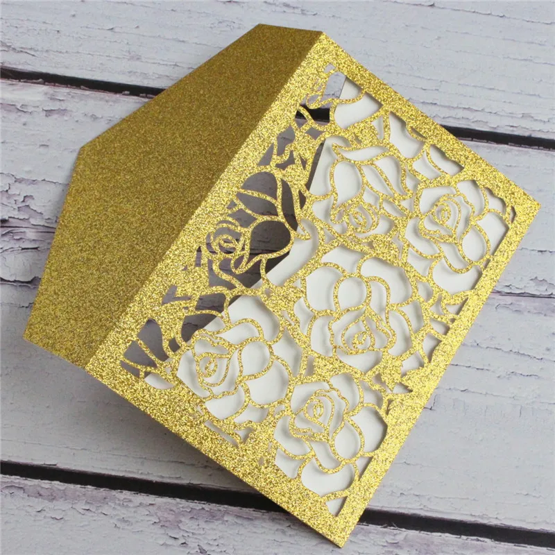 

Glitter rose laser cut invitation card hollow dark gold wedding invitation set 50 sets printable