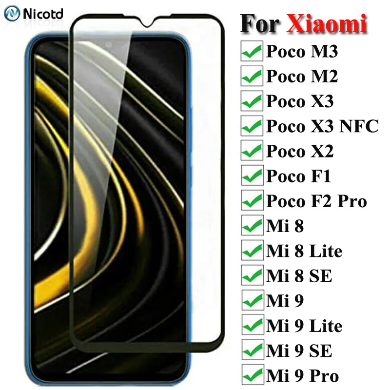 

For Xiaomi Poco M3 M2 Glass For Poco X3 X2 F1 F2 Pro Tempered Glass Protective Full Screen Protector For Xiaomi 8 9 Lite SE Pro