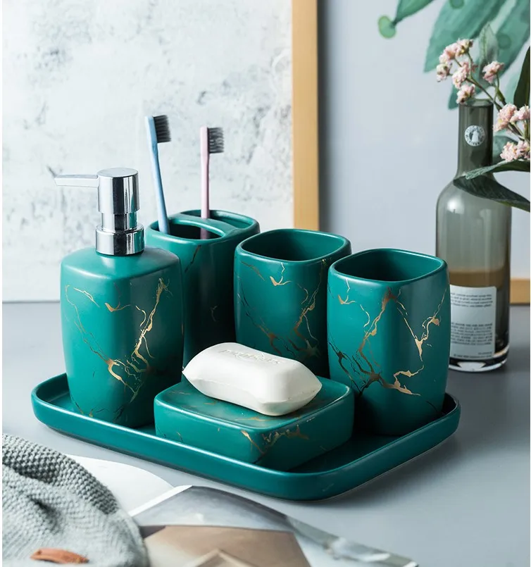 Wedding Gift Ceramic Mug Set Imitation Marble Ceramic Bathroom five-pieces Set with Ceramic Tray Soap Dish Bathroom Decoration