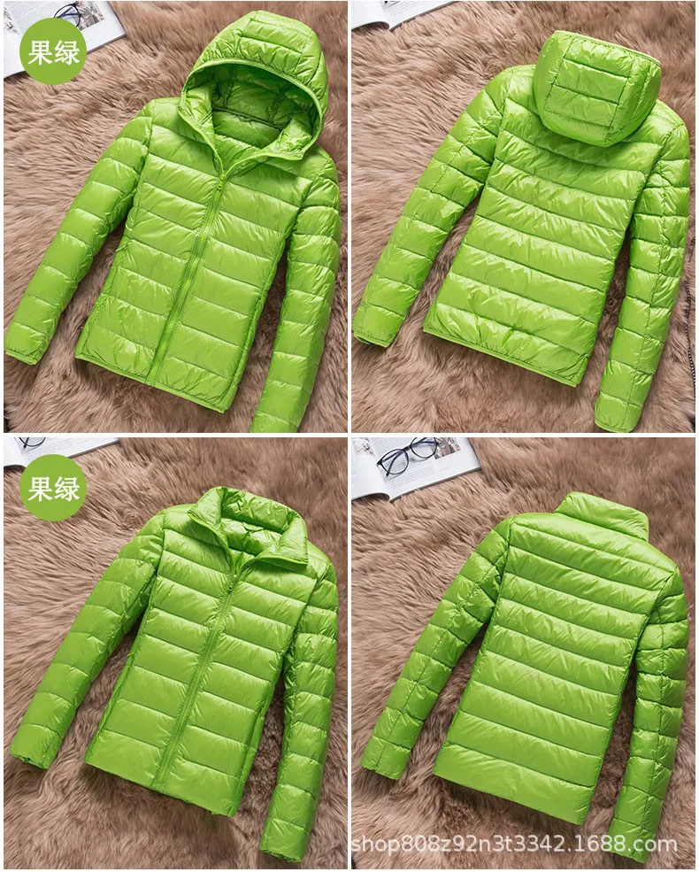 green with hat Новинка, 27 цветов, Весенняя парка, куртка, пальто, теплый ультра-светильник, пуховик на утином пуху, стеганая куртка, Женское пальто, тонкое однотонное пальто, женская парка - Цвет: green with hat