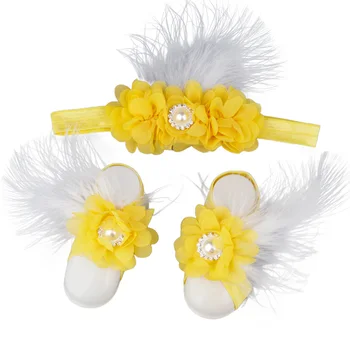 

Cute Baby Girls Flower Sandal Headband Elastic Hairband & Toddler Barefoot Sandals 1 Pair Infant Photo Prop Set E