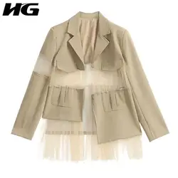 HG Сращивание сетки нерегулярные маленький костюм Свободное пальто Женская модная трендовая уличная одежда большого размера пальто и