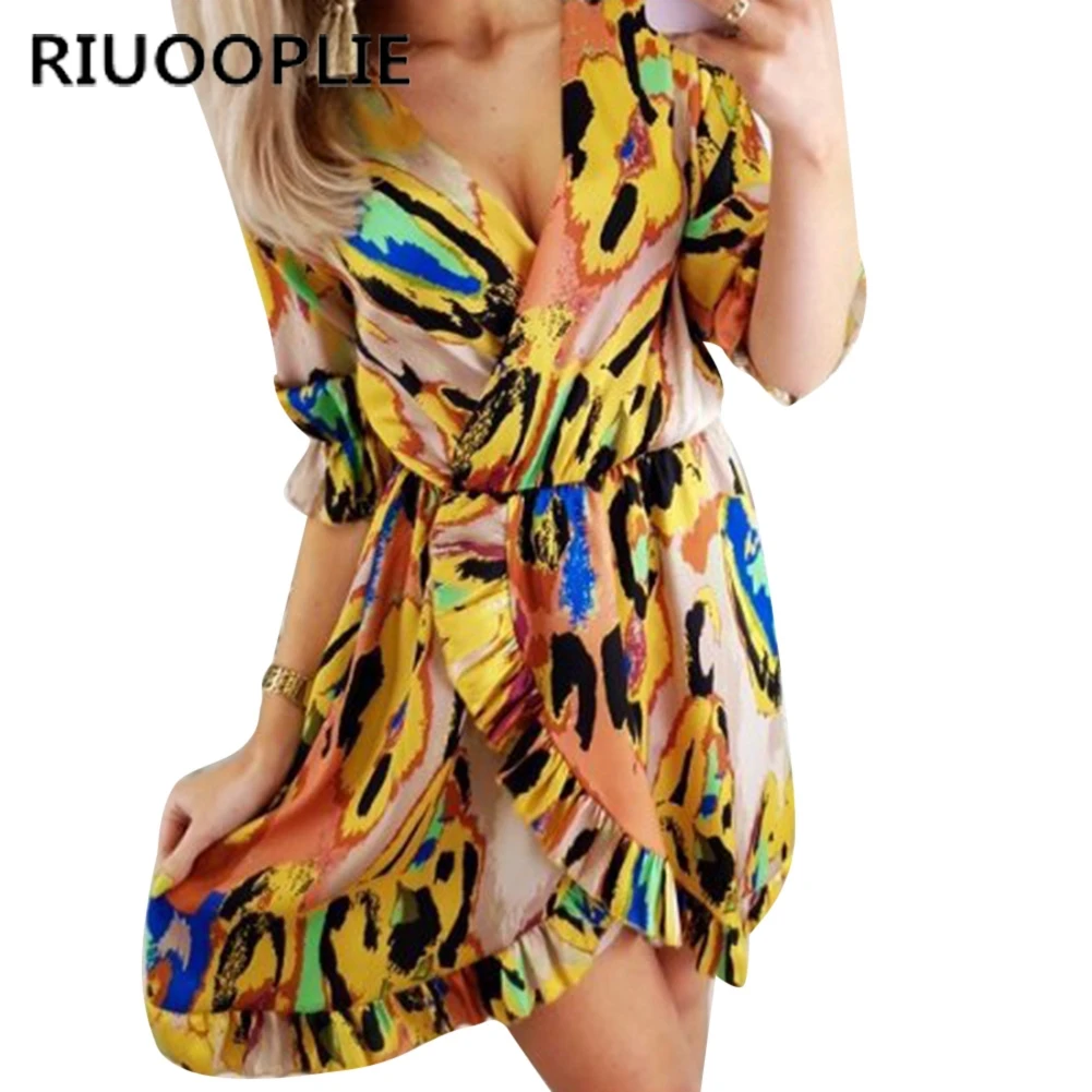 RIUOOPLIE Summer Sexy Women Printed V-neck Fashion Tunic Dress Holiday Beach Sundress Abstract Pattern Large Size Party |