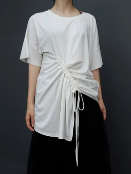 

Large size personality drawstring short-sleeved t-shirt 2019 Summer Leisure Irregular Jacket Hong Kong wind loose Lace Fashion B