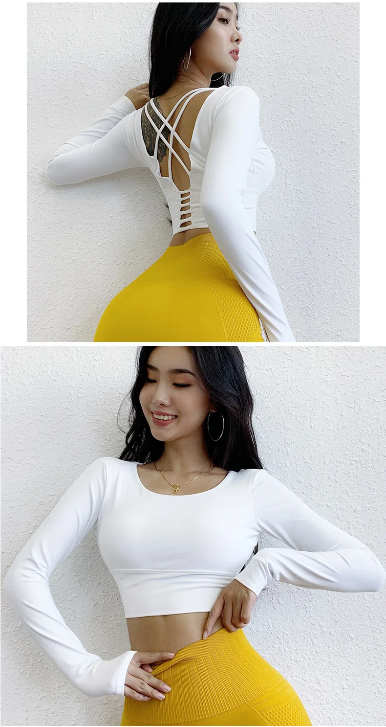 Women Back Straps Gym Yoga Crop shirt Tops Yoga Paded Long Sleeve Training Top Fitness Running Sport T-Shirts