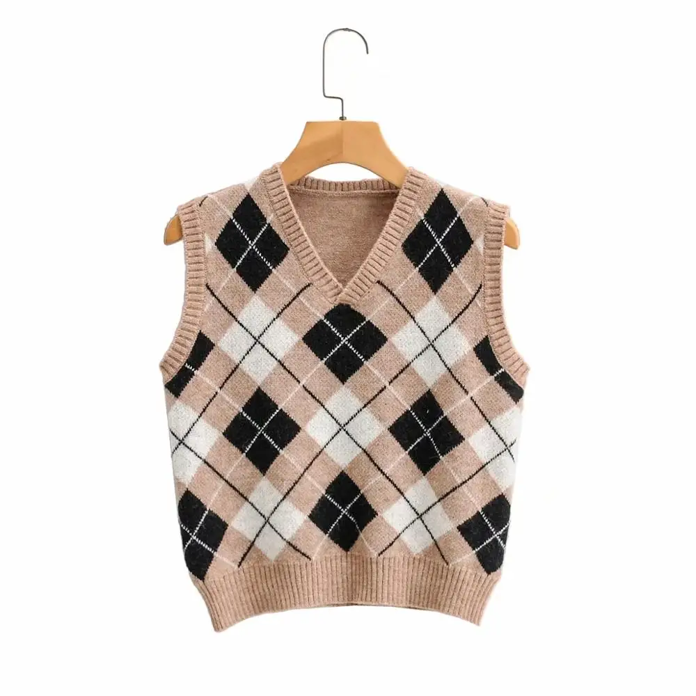 

Foridol argyle knitted sweater vest women casual streetstyle button casual sweater pullovers vest khaki short vest autumn winter