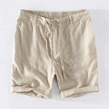 

2020 Men Summer Casual Shorts Men 100%Linen Striped Breathable Fashion Comfortable Short Pants Man Y2542