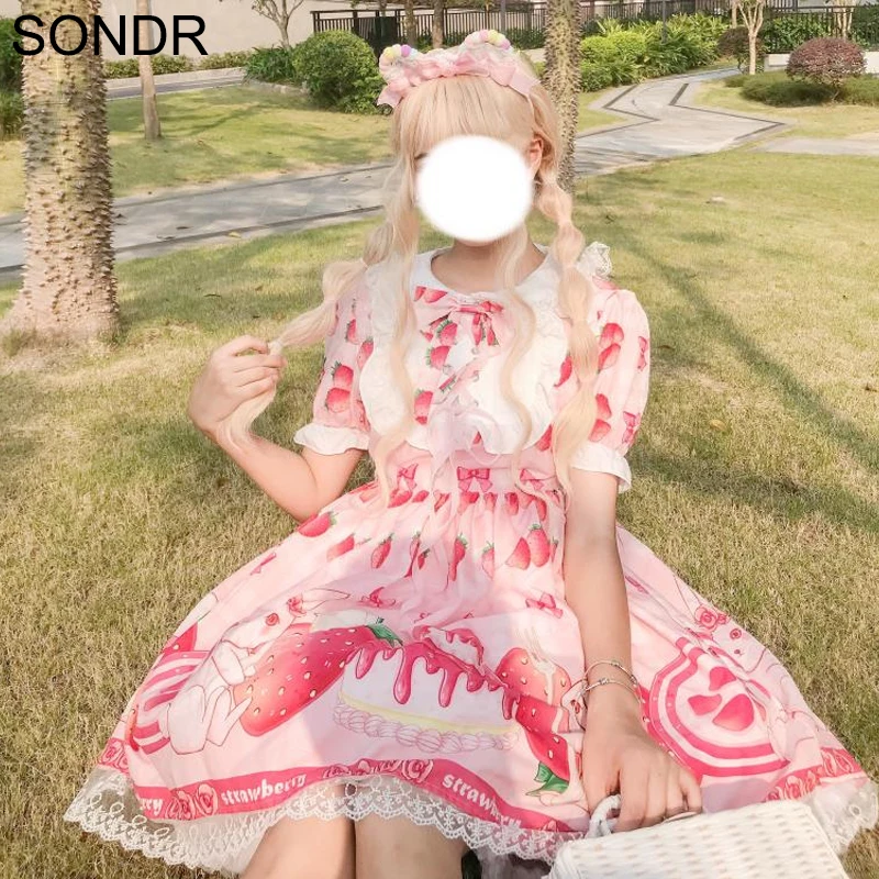 

Kawaii Pink Lolita Dress Women Sweet Light Lolita Doll Collar Girl Lolita Op Dress Summer Sweet Strawberry JSK Lolita Dresses