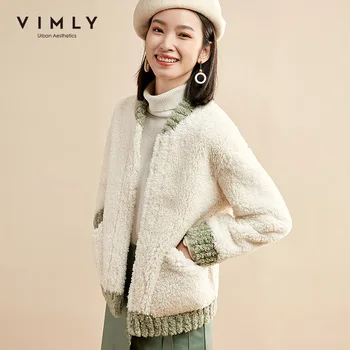 

Vimly 2020 Autumn Winter Women Lambs Wool Coat Vintage Patchwork Round Neck Zipper Pocket Casual Female Thick Short Jacket 30263