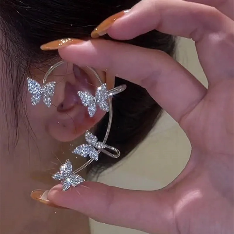 Ear Clip Earrings Gold Silver Color Metal Butterfly Ear Clips Without Piercing For Women Sparkling Zircon Ear Cuff Clip Earrings Wedding Jewelry