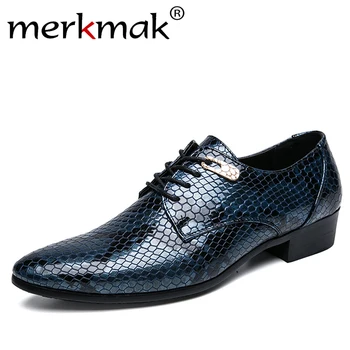 

Merkmak Pointed Toe Men Leather Shoes Fashion Lace-up Dress Shoes Classic Snake Pattern Office Footwear Business Formal Footwear