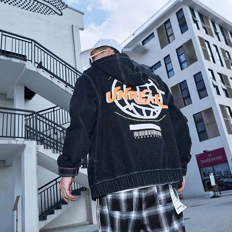 Harajuku Streetwear Washed Hooded Denim Coat Male Hip Hop Jean Jacket Hole Oversize Original Windbreaker Men's Winter Jacket