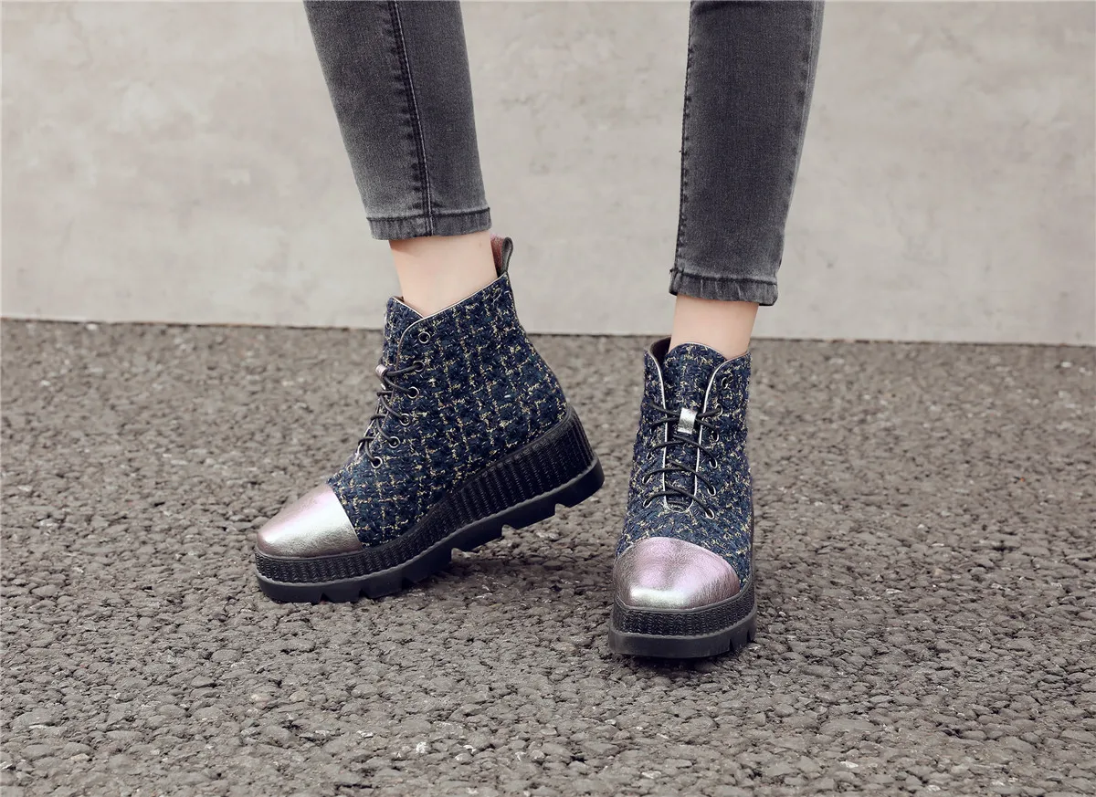 Women's genuine leather fabric patchwork lace-up platform flats ankle boots leisure punk short martin boots high quality shoes