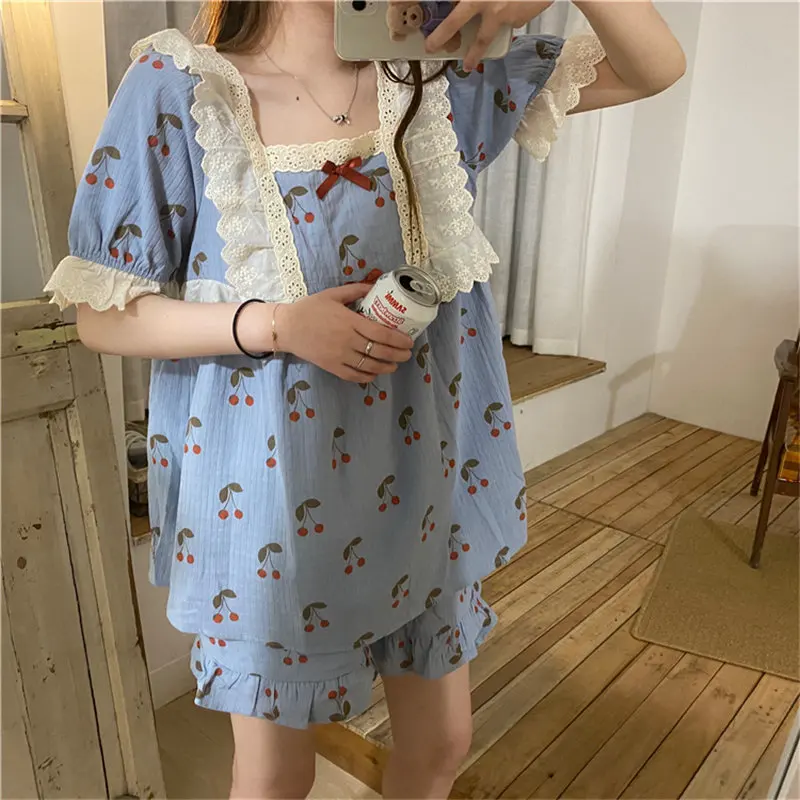 Alien Kitty Patchwork Lace Cute Girls Home Clothes All Match 2020 Lady Summer Shorts Sleepwear Square Collar Chic Pajamas Suits | Женская
