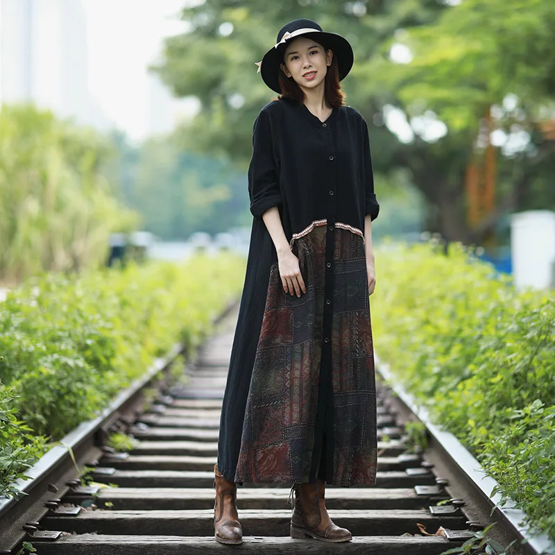 

Women Autumn Loose Retro Cotton Linen Pathwork Trench Coat Outerwear Ladies V Neck Long Coat Female 2019 Vintage Overcoat