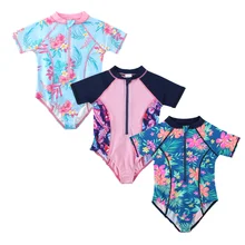 Wishere One-piece Swimsuit Printed Bikini Cute Baby Girls' Swimwear Short Sleeves Infant Swimming Suit UPF50+ Sunsuit For Kids