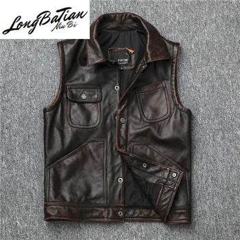 

Vintage Genuine Men Clothes 100% Cow Coat Motorcycle Jacket Cowhide Leather Vest 2020 1219 KJ4842