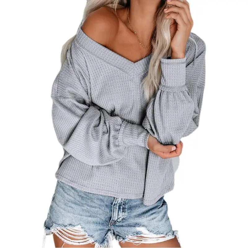 

Women Long Lantern Sleeves Pullover Tops Waffle Knit V-Neck Sexy Off Shoulder Shirts Loose Fit Solid Color Casual Sweater Blouse