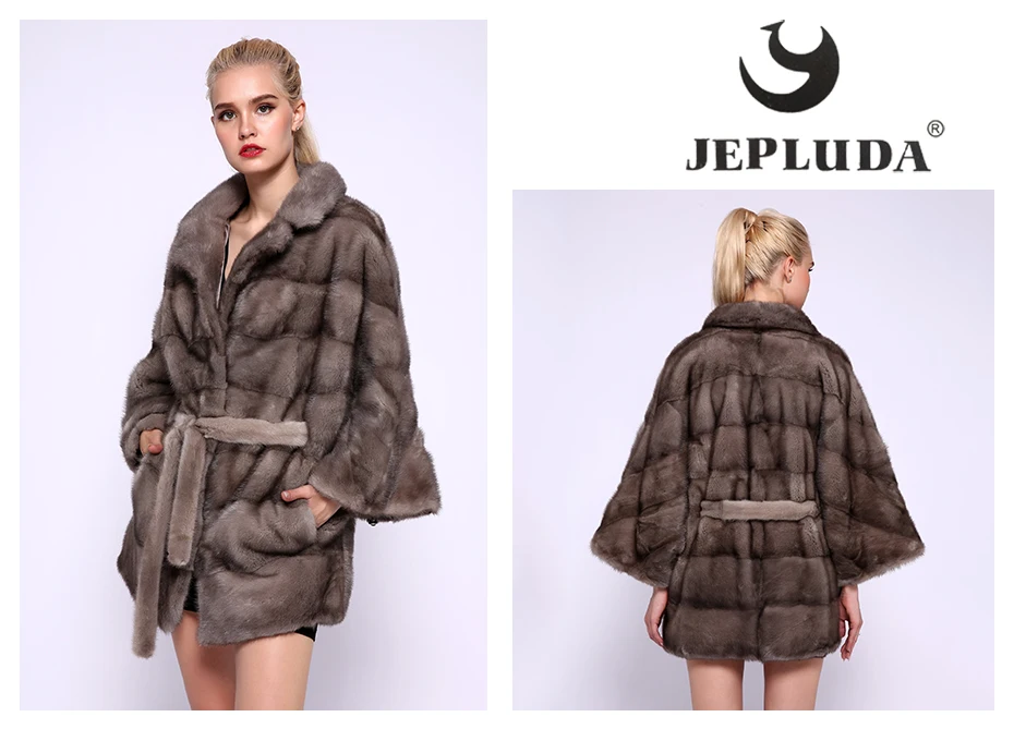 JEPLUDA New Loose Bat Sleeved Natural Real Mink Fur Coat two types Collars Real Fur Coat Women Winter Warm Thick Real Fur jacket