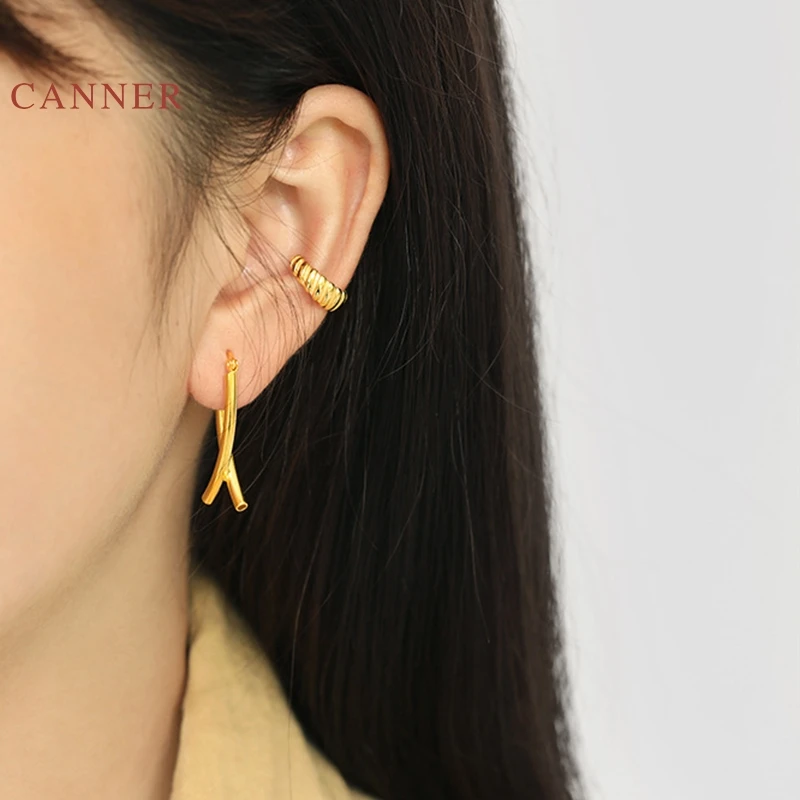 

CANNER Real 925 Sterling Silver Earrings For Women Minimalist Niche Twist Clip Earring Zircon Diamond Gold Jewelry Pendientes