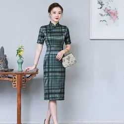 Зеленый в полоску Cheongsam винтаж кнопка Леди Qipao Vestidso для женщин традиционный Мандариновый воротник короткий рукав вечернее платье