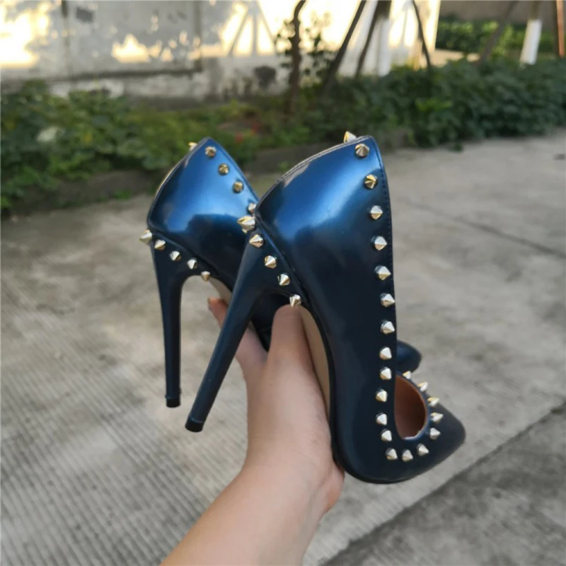 Olomm/Новые модные женские туфли-лодочки пикантные туфли-лодочки на высоком тонком каблуке с заклепками очаровательные вечерние туфли с острым носком синего цвета женские американские размеры 5-15