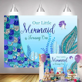 

Little Sweet Mermaid 1st Birthday Party Backdrop Photography Under The Sea Blue Glitter Fish Tail Background Custom Photographic