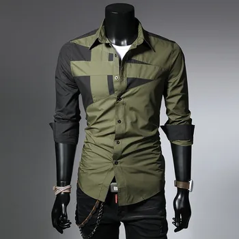

Men's casual shirt lapel contrast color long-sleeved large size slim cotton stitching Single Breasted Regular new clothing