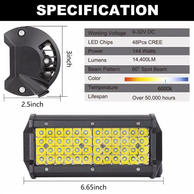 1/2 шт., 7 дюймов, 144 Вт, 48 Светодиодный рабочий светильник, бар, точечный луч, противотуманная фара для вождения, внедорожный трактор, 4WD, автомобильные аксессуары, светодиодный, Прямая поставка