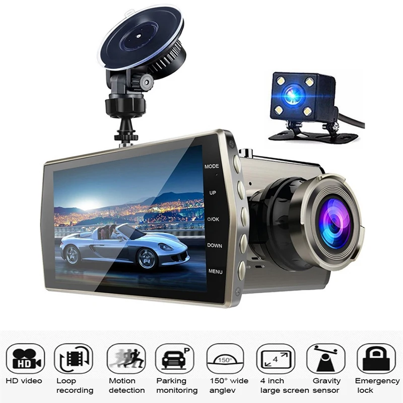 Автомобильная камера TOSPRA, 4 дюйма, Full HD, 1080, двойной объектив, фронтальная и задняя видеокамера, циклическая запись, авто камера, приборная панель, рекордер вождения