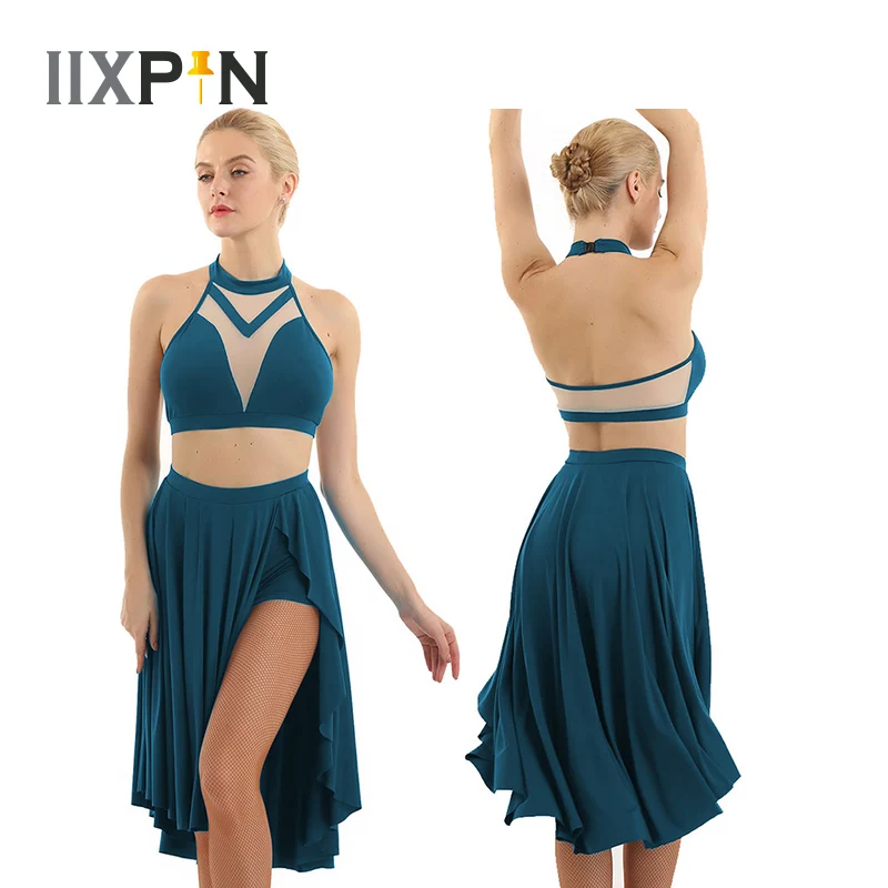 

Ballet Dress Halter Sleeveless Crop Tops Asymmetrical Latin Dance Skirt Ballet Tutu Women Contemporary Lyrical Dance Costumes