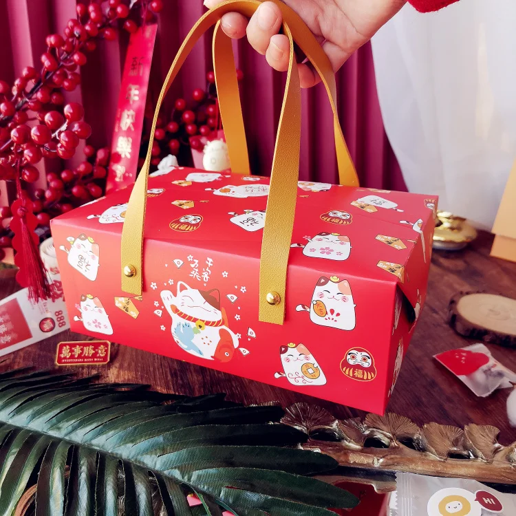 10PCS Happy lucky Cat Portable Paper Box Baking Tea Box Red Leather Handle box Wedding birthday gift holiday packaging Handbag