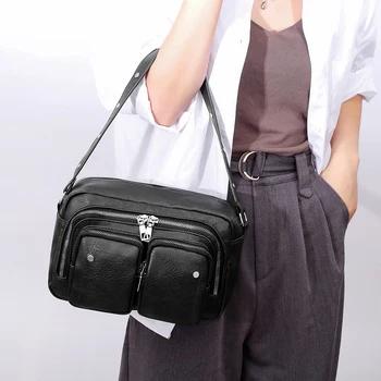 

PU Leather Women Shoulder Bag Messenger Crossbody Ladies Multi-Pocket Solid Retro Fashion Shoulder Messenger Bag Pouch