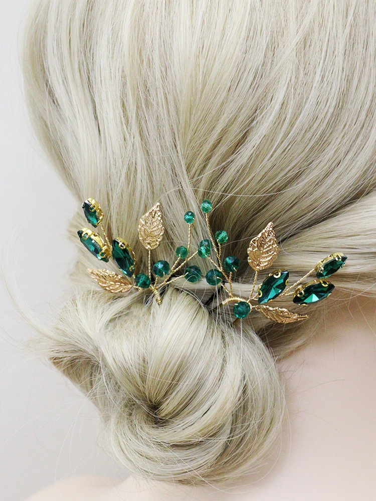Green Rhinestones Wedding Hairpins Gold Leaves Bridal Hair Clips Prom Banquet Women Hair Accessories Festival Jewelry hair accessories,bridal hair accessories