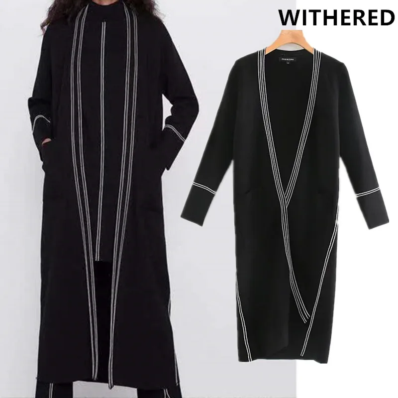 Best Price Withered winter cardigans women england office lady simple Color collision side striped knitting long cardigans sweater women