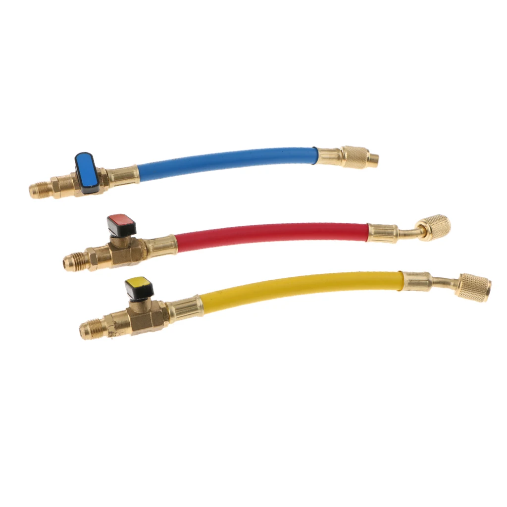 3 Pieces A/C HVAC R134A R410A R22 R12 Short Charging Hoses with Ball Valves