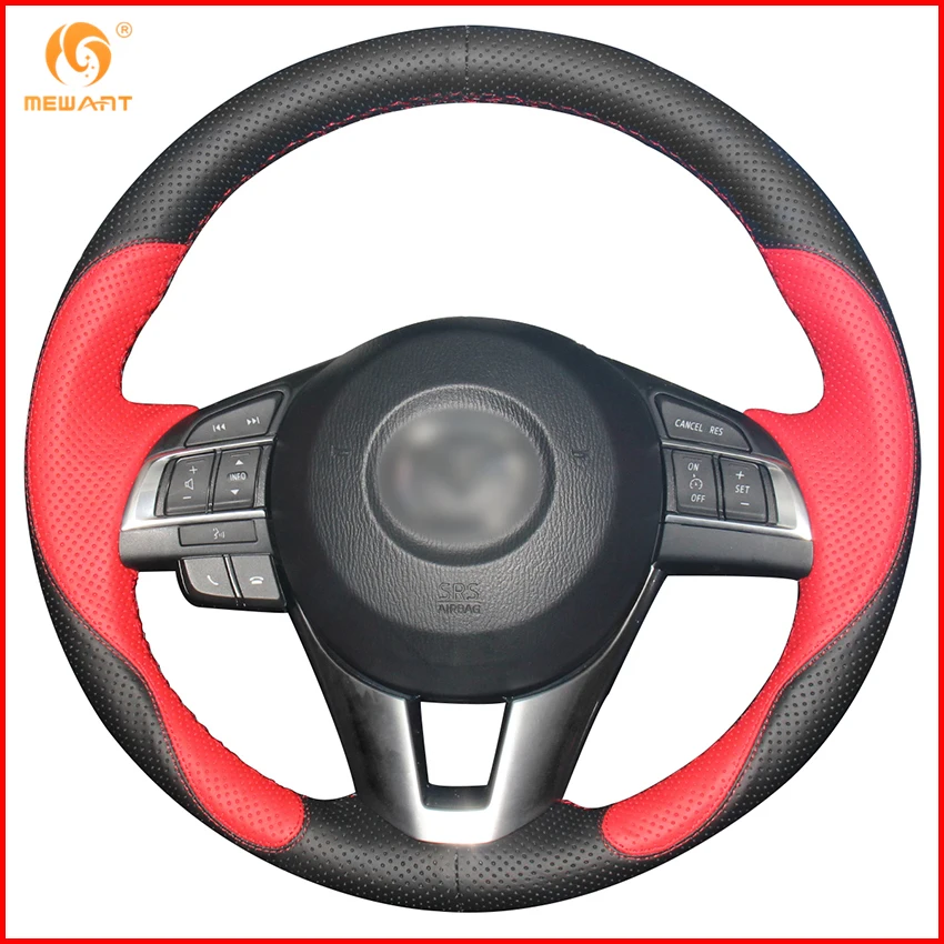 Mewant Black Red Genuine Leather Car Steering Wheel Cover For Mazda 3